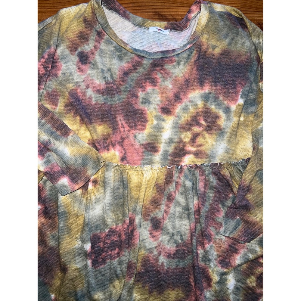 GeeGee Waffle Knit Tie Dye Babydoll Top XL Long Sleeve Thermal Tunic Olive Multi - Picture 3 of 7
